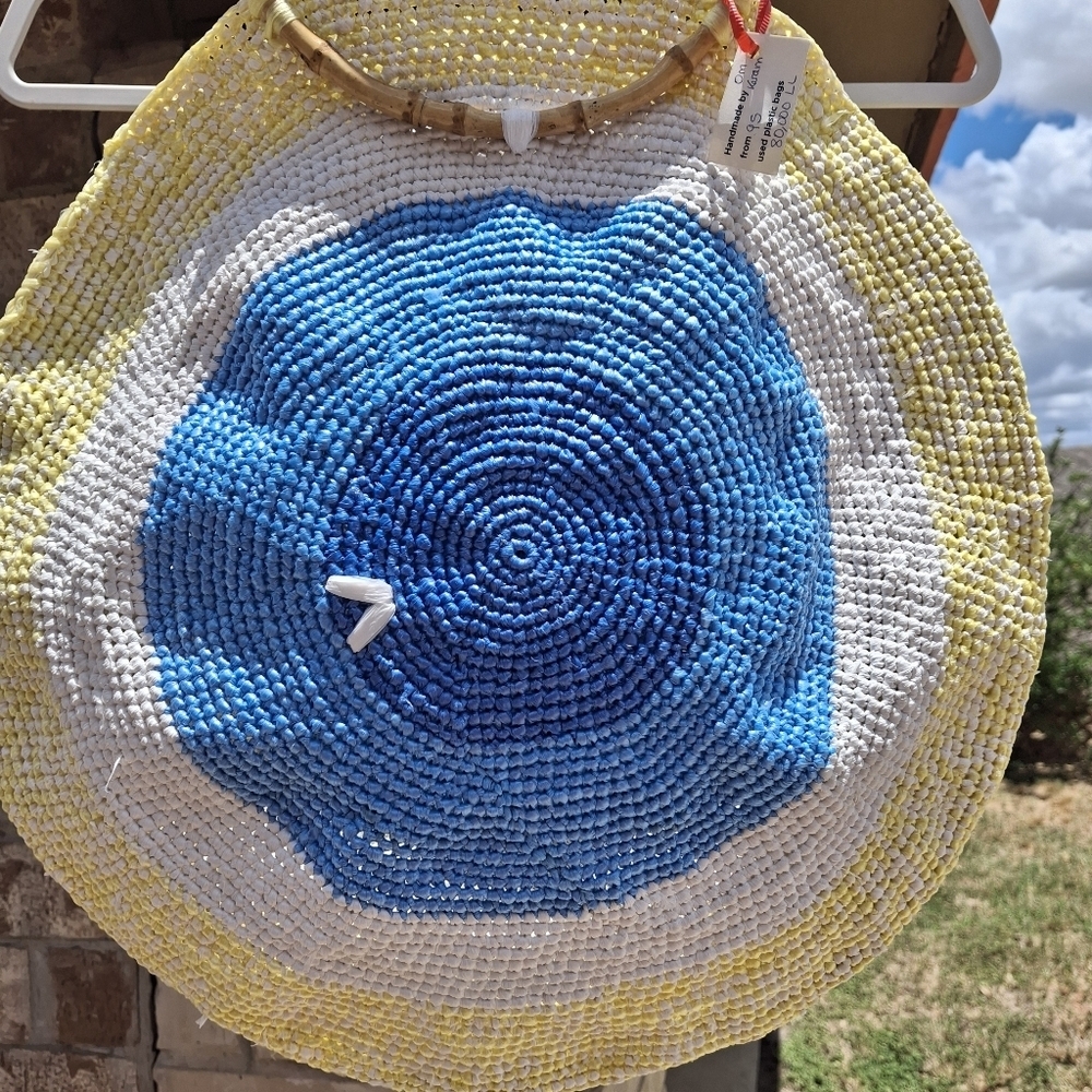 Handmade Round Concentric Circles Plastic Weave Bamboo Handles Large Purse Bag - Picture 11 of 16